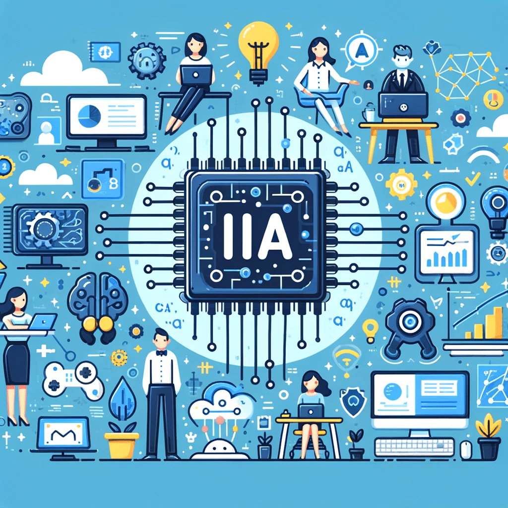 Ilustración de un chip de IA con pymes beneficiándose, mostrando robots, computadoras y gráficos de crecimiento, destacando la eficiencia de la IA. | Posiciona.Digital