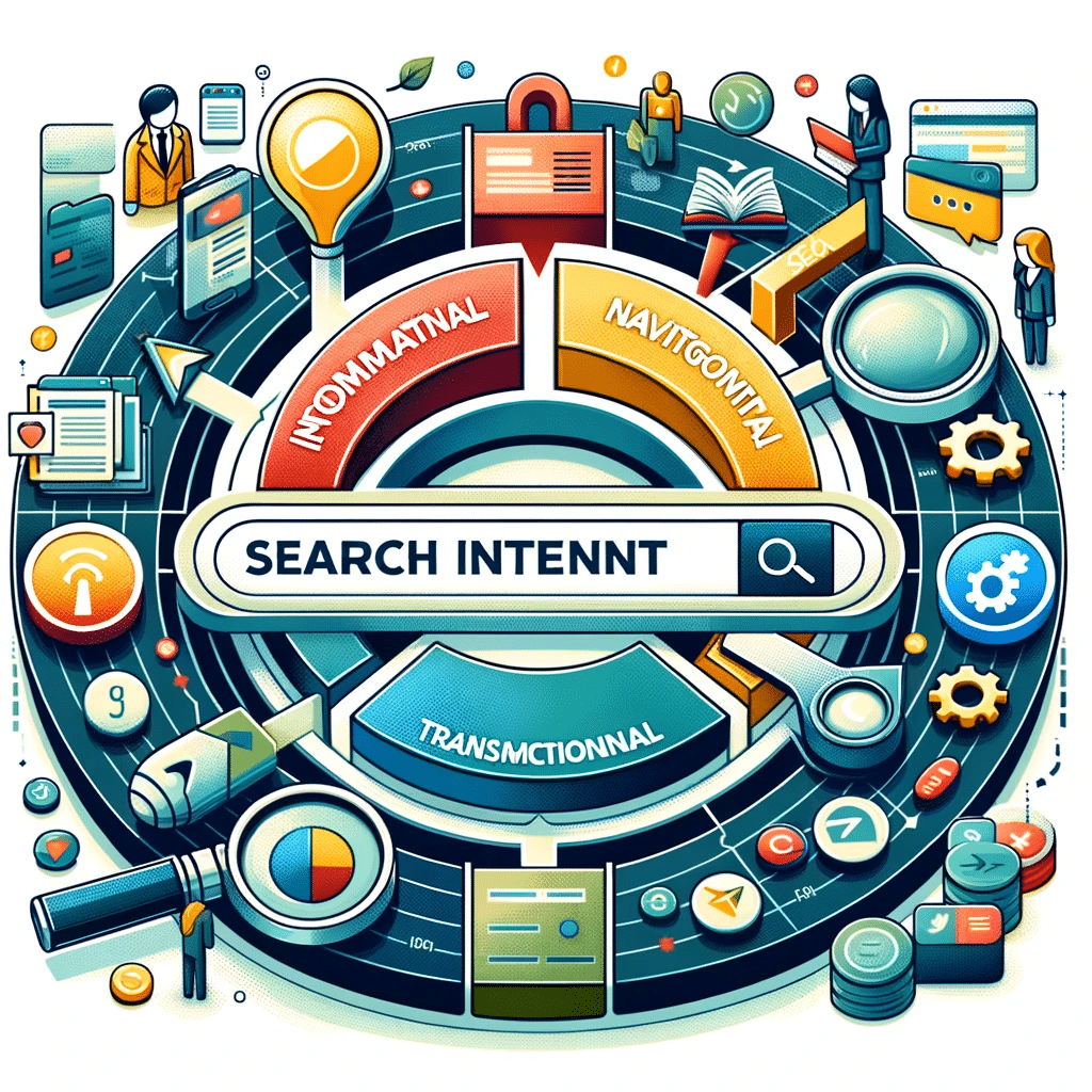Ilustración de tipos de intención de búsquedas en SEO con barra de búsqueda segmentada y elementos clave. | Posiciona.Digital
