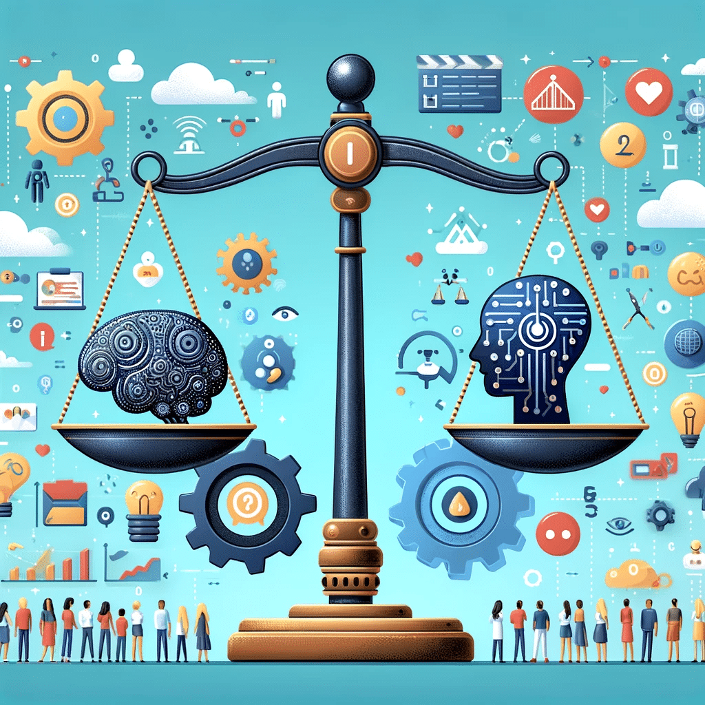 Ilustración de una balanza con cerebro de IA y desafíos técnicos, rodeada de pymes integrando IA, mostrando el equilibrio en la implementación. | Posiciona.Digital