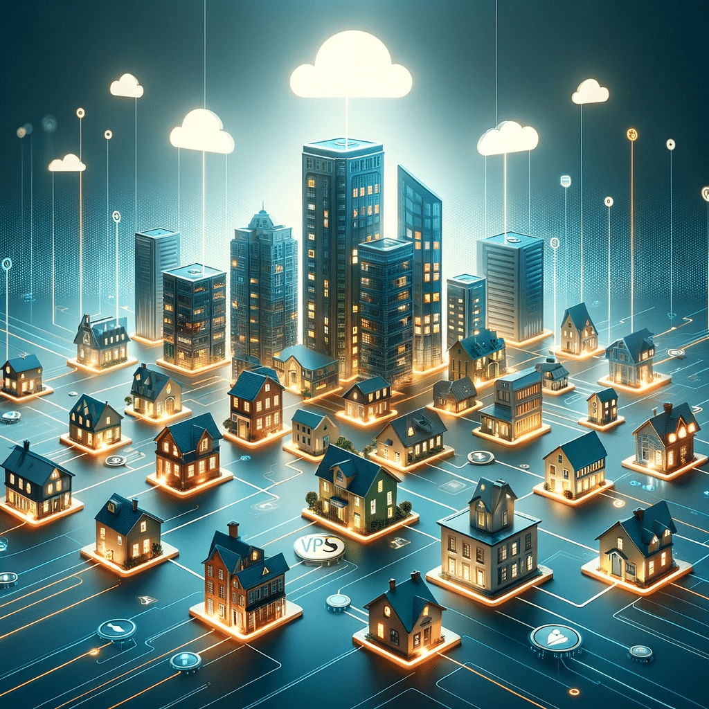 Metáfora visual de comparativa de hosting con edificios digitales | Posiciona.Digital