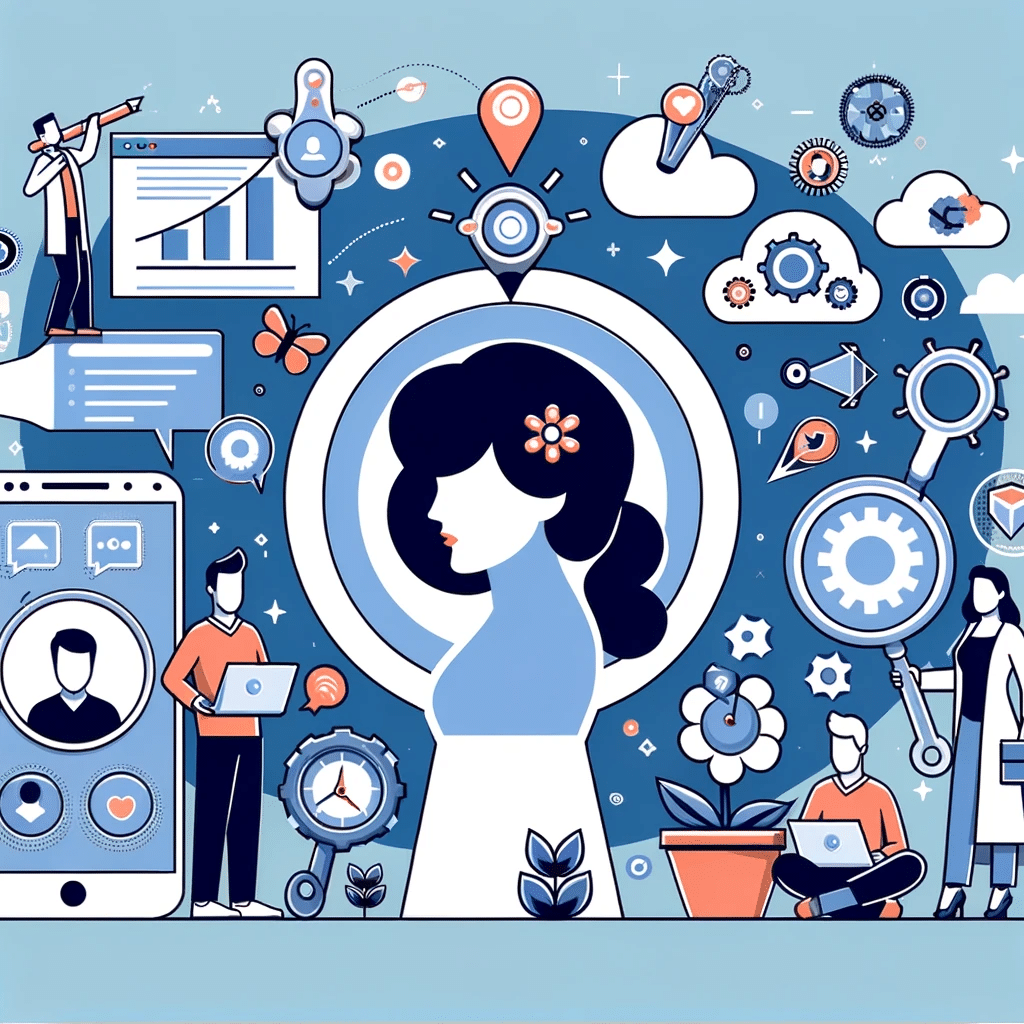 Ilustración de público objetivo y contenido relevante con diana, lupa, portátil y gráficos para marketing digital | Posiciona.Digital