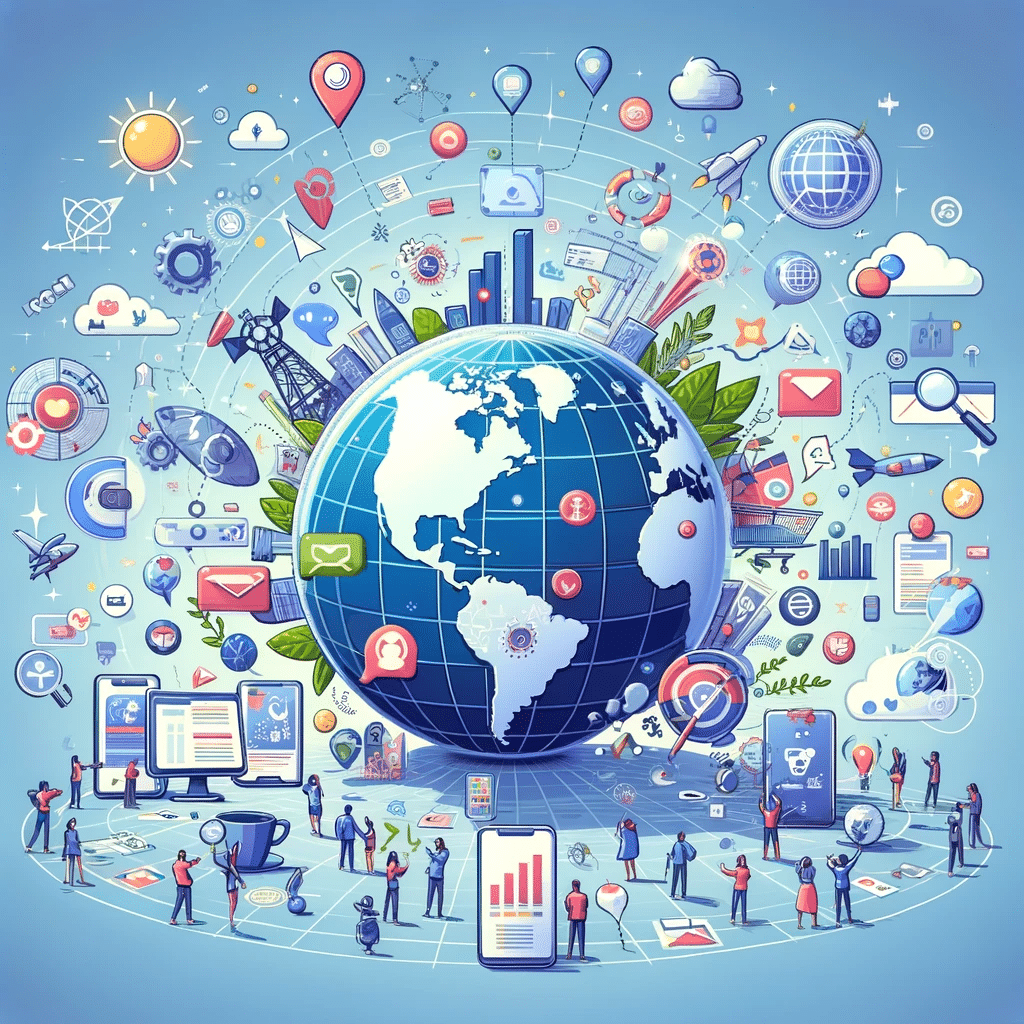 Ilustración digital destacando la importancia del marketing digital con símbolos globales y tecnológicos | Posiciona.Digital
