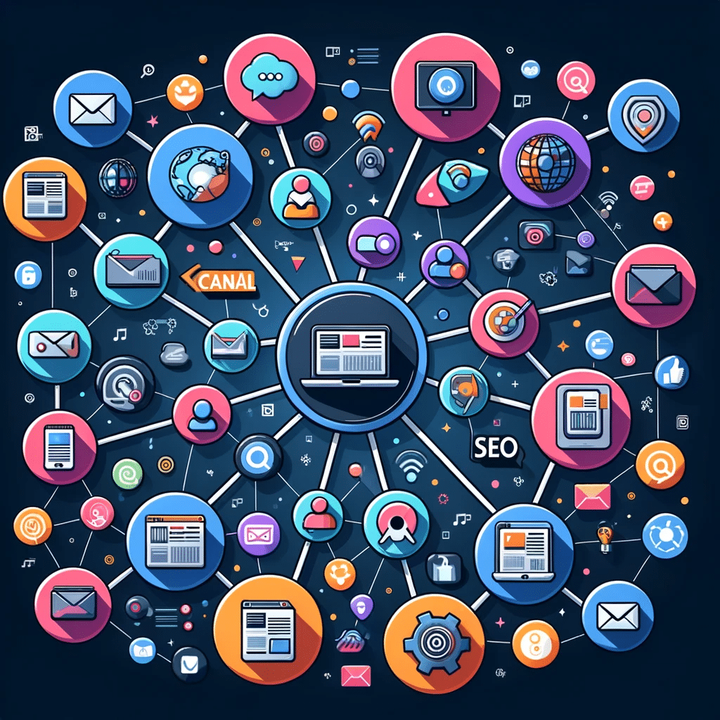Ilustración de canales digitales interconectados en marketing, destacando la sinergia multicanal. | Posiciona.Digital