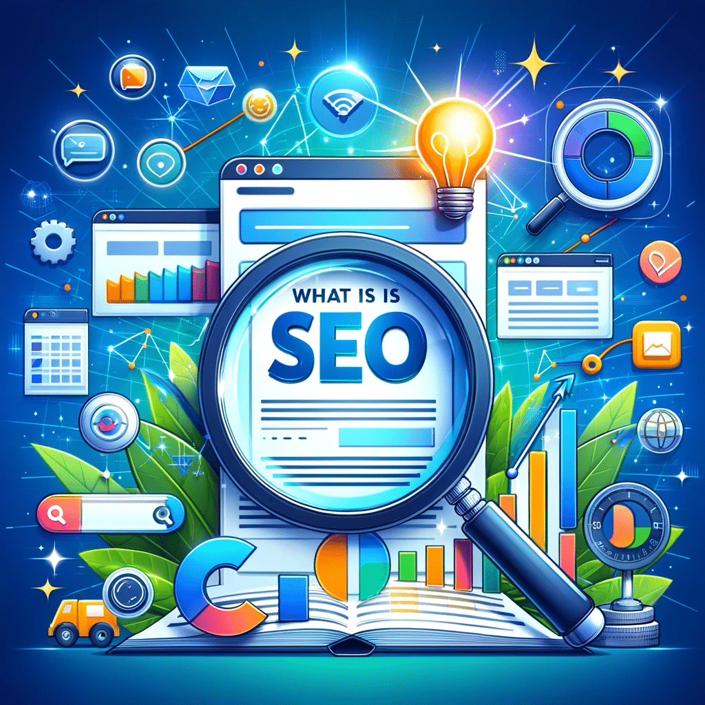 Ilustración de SEO y su impacto en branding con lupa, página web y logotipo. | Posiciona.Digital