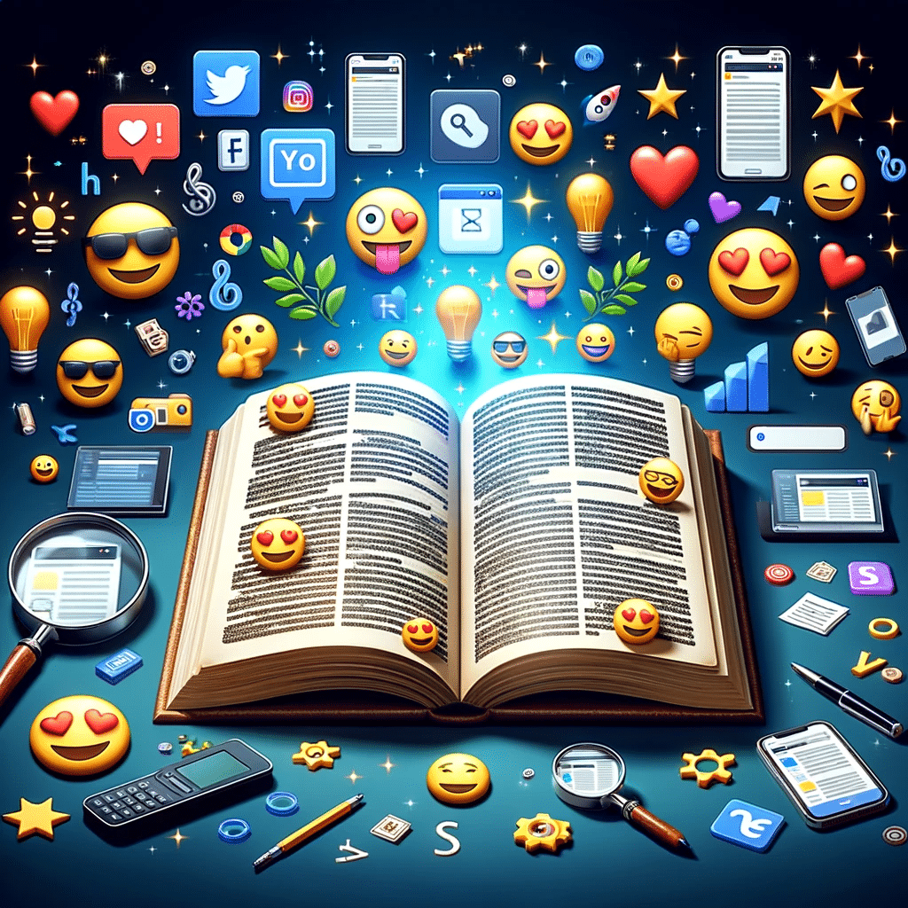 Libro abierto con contenido web y emoji, rodeado de gráficos de SEO y dispositivos, mostrando su impacto en búsquedas. | Posiciona.Digital