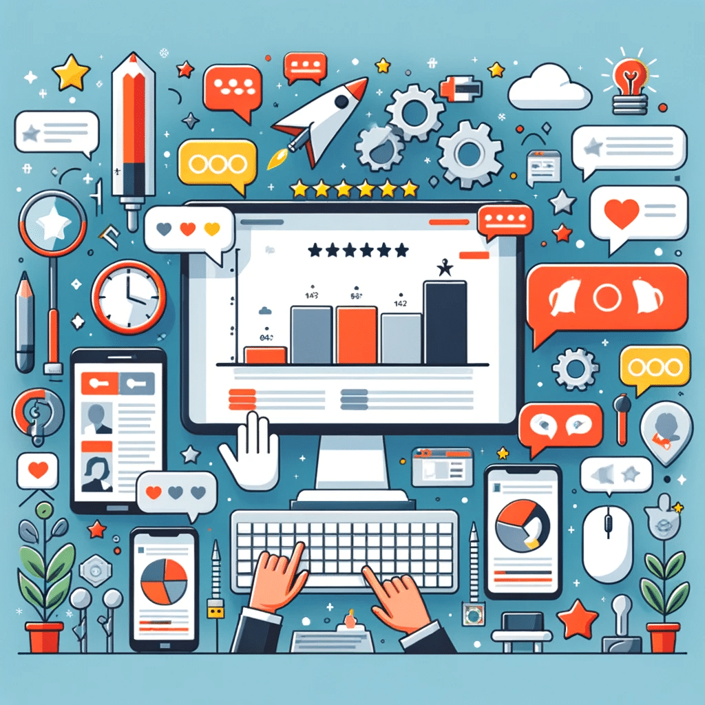 Ilustración de herramientas digitales con dispositivos mostrando reseñas y gráficos, simbolizando estrategias para mejorar reseñas online. | Posiciona.Digital