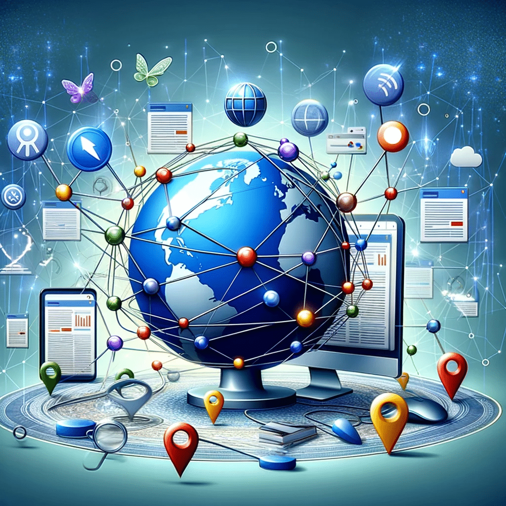 Ilustración de globo con enlaces internos y externos, laptop y gráficos SEO para autoridad web | Posiciona.Digital
