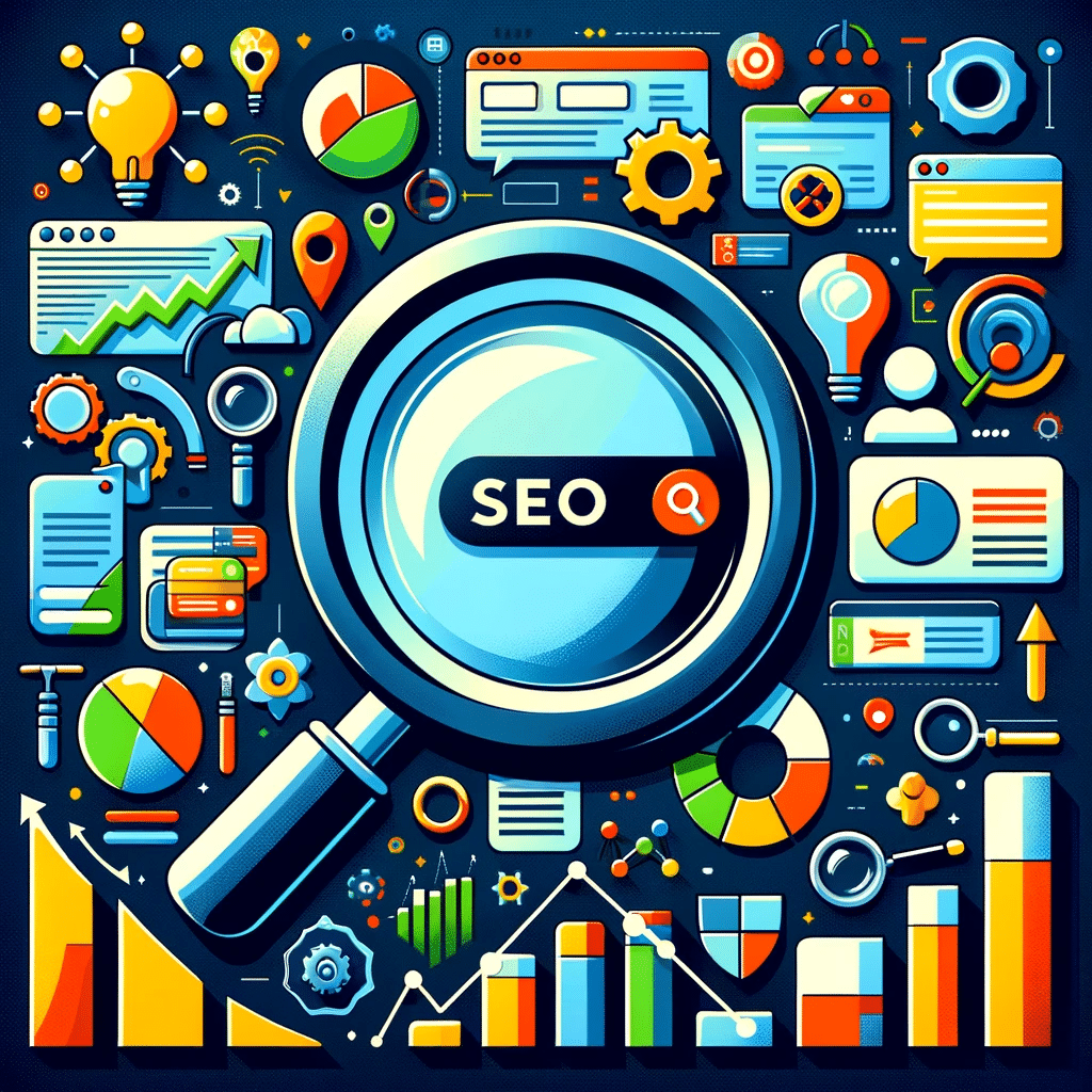 Ilustración de herramientas SEO para análisis de intención de búsqueda con lupa y gráficos. Google Analytics | Posiciona.Digital