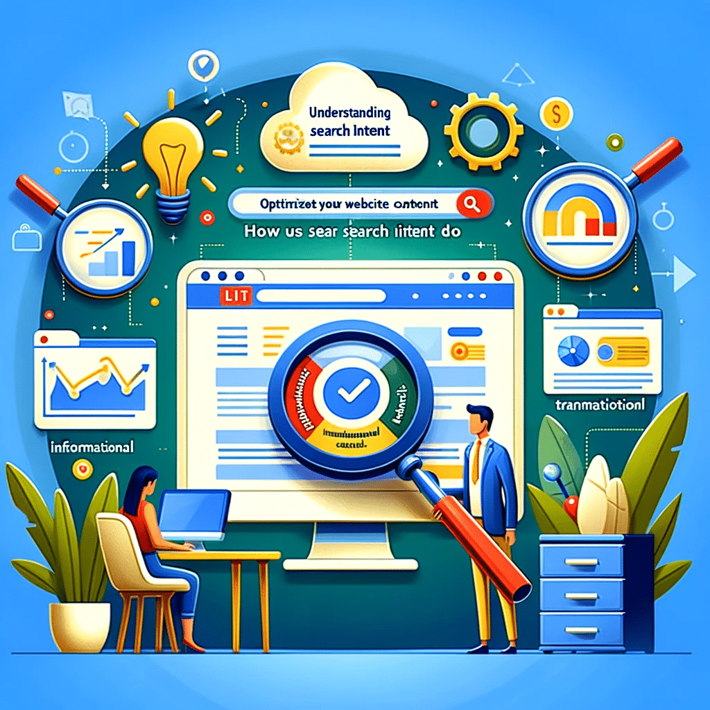 Ilustración sobre optimizar contenido web con intención de búsquedas, mostrando pantalla de PC y análisis SEO. | Posiciona.Digital
