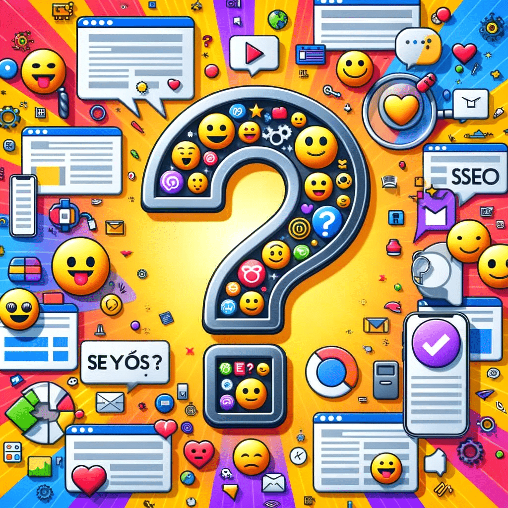 Signo de interrogación de emojis SEO local con pantallas mostrando su uso, destacando integración en contenido web. Search Console | Posiciona.Digital