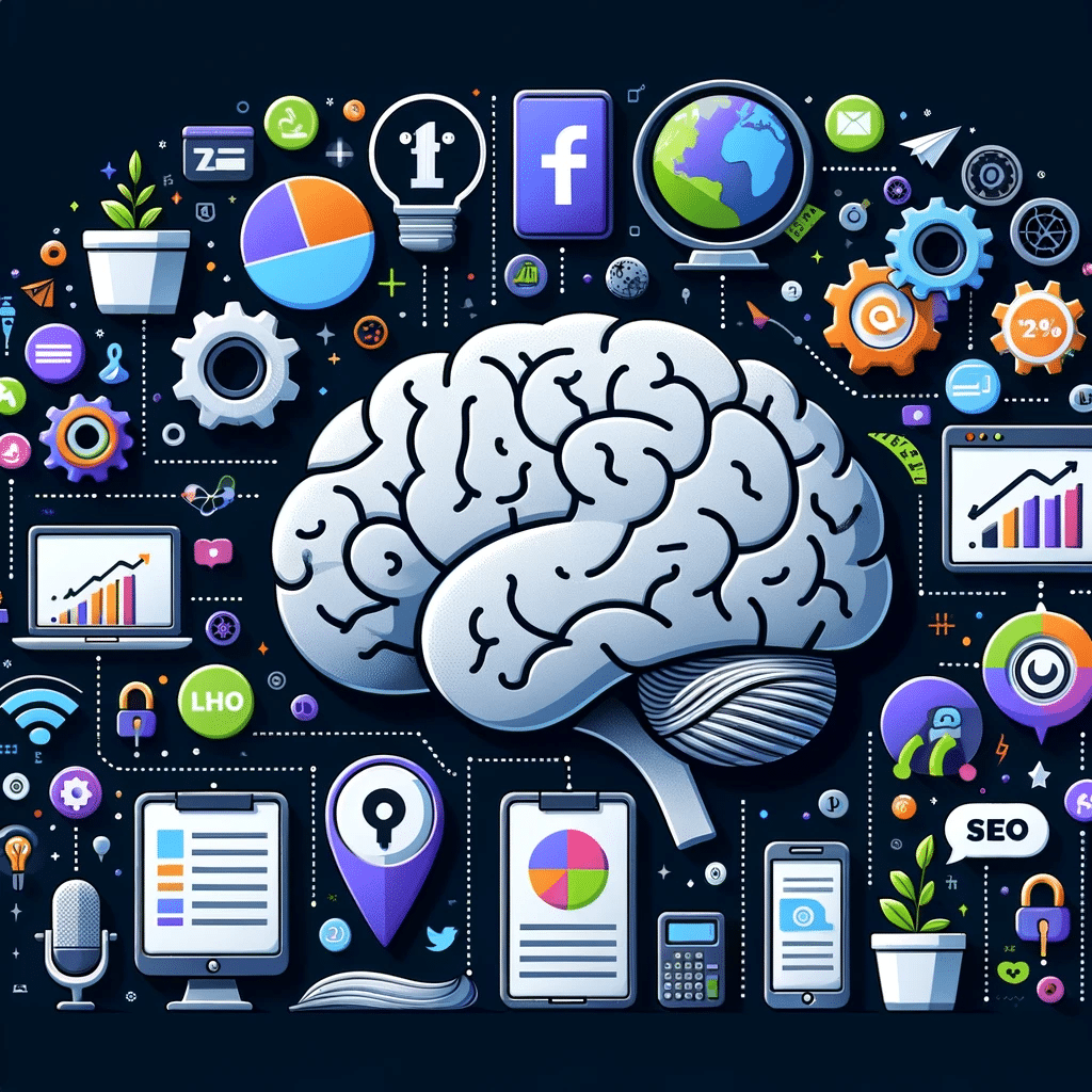 Ilustración digital con cerebro y elementos de marketing digital, resaltando la importancia de estrategias inteligentes para pymes. a y redes sociales estrategias de marketing inteligente para pymes | Posiciona.Digital