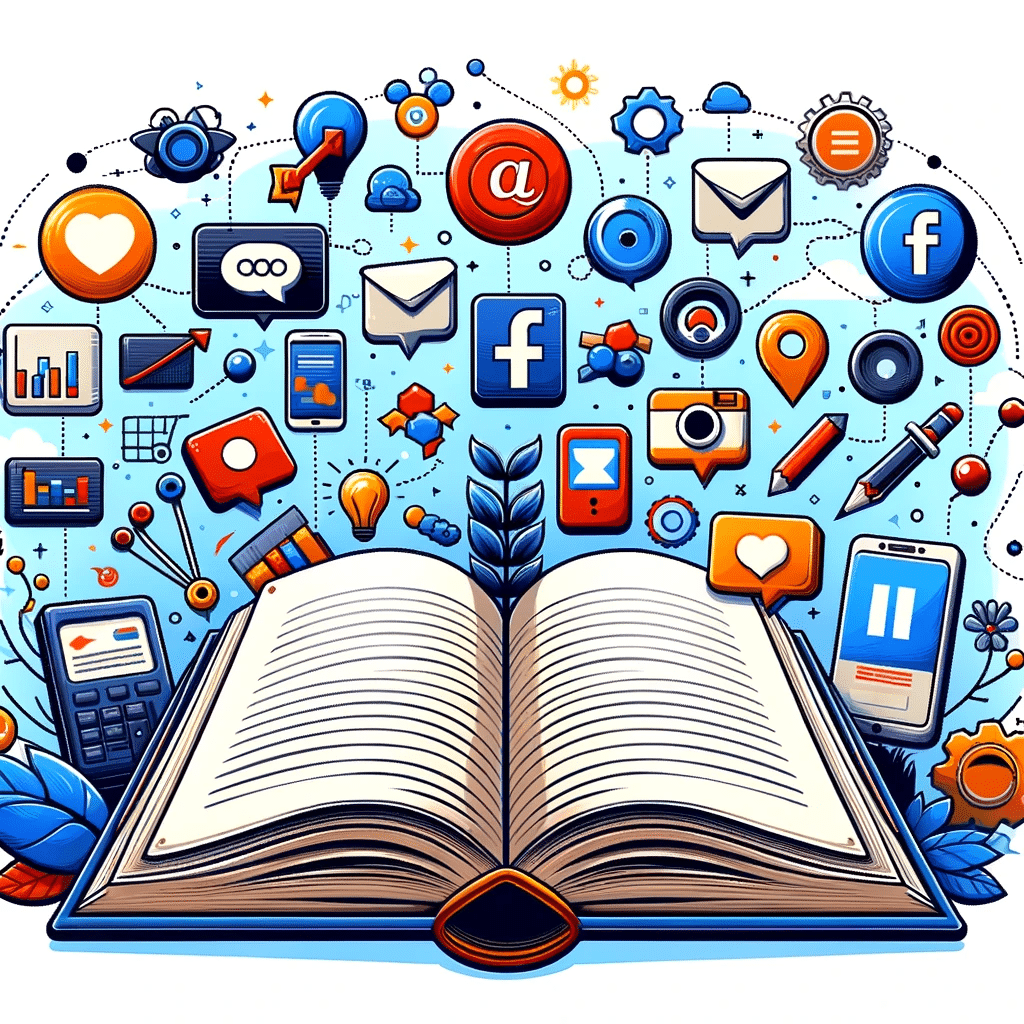 Gráfico colorido con libro abierto y elementos de marketing digital multicanal, ideal para sitio web de marketing. | Posiciona.Digital