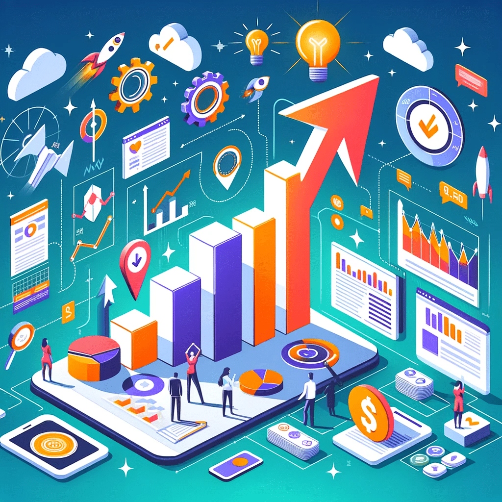 Flecha ascendente con elementos SEO, mostrando éxito del análisis predictivo | Posiciona.Digital