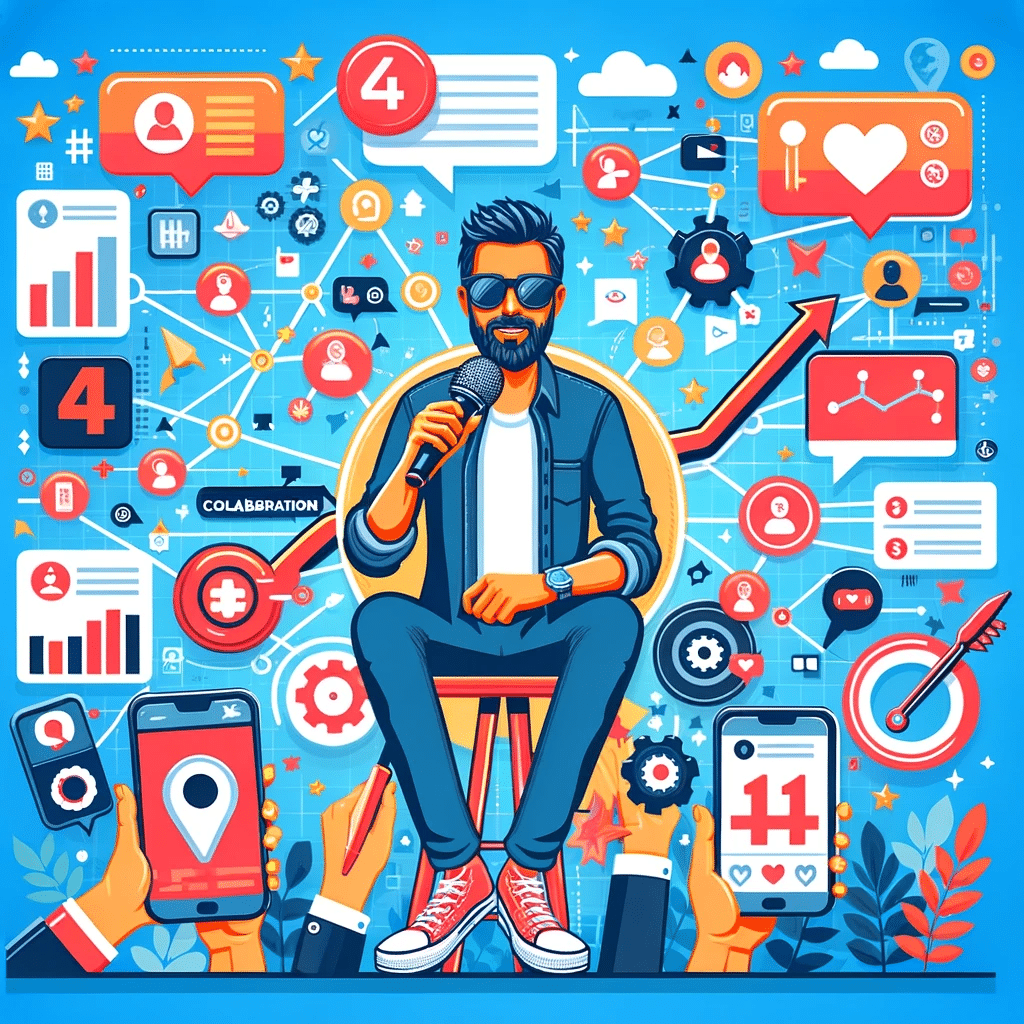 Ilustración de influencer marketing con transmisiones en vivo y colaboraciones estratégicas | Posiciona.Digital