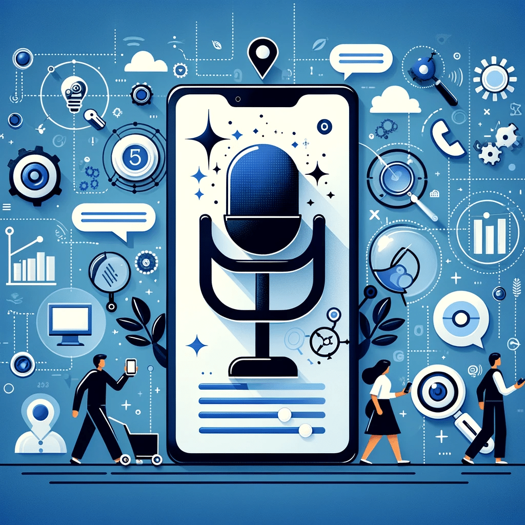 Ilustración de optimización móvil y búsqueda por voz en marketing digital con smartphone y micrófono | Posiciona.Digital