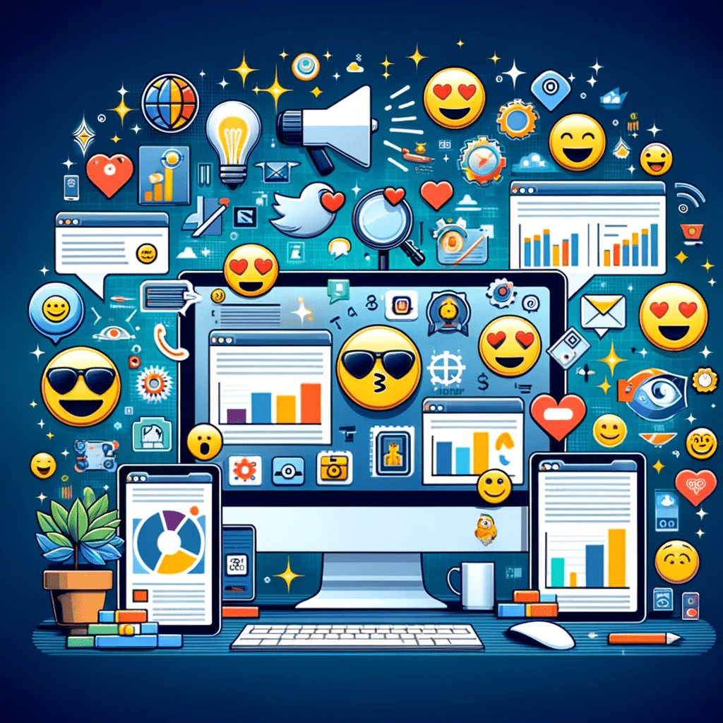 Collage de marcas famosas con emojis en estrategia SEO, mostrando altos rankings y engagement en pantallas. Click Serp | Posiciona.Digital