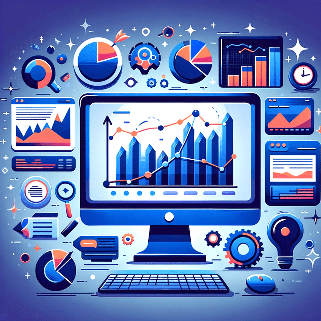 Ilustración de análisis de blog con gráficos en pantalla de computadora, lupa y estadísticas para estrategia de blogging | Posiciona.Digital