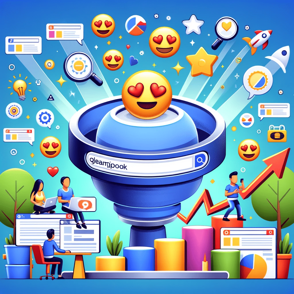 Motor mostrando emoji en resultados de búsqueda con usuarios satisfechos y gráficos de mejora en visibilidad. | Posiciona.Digital