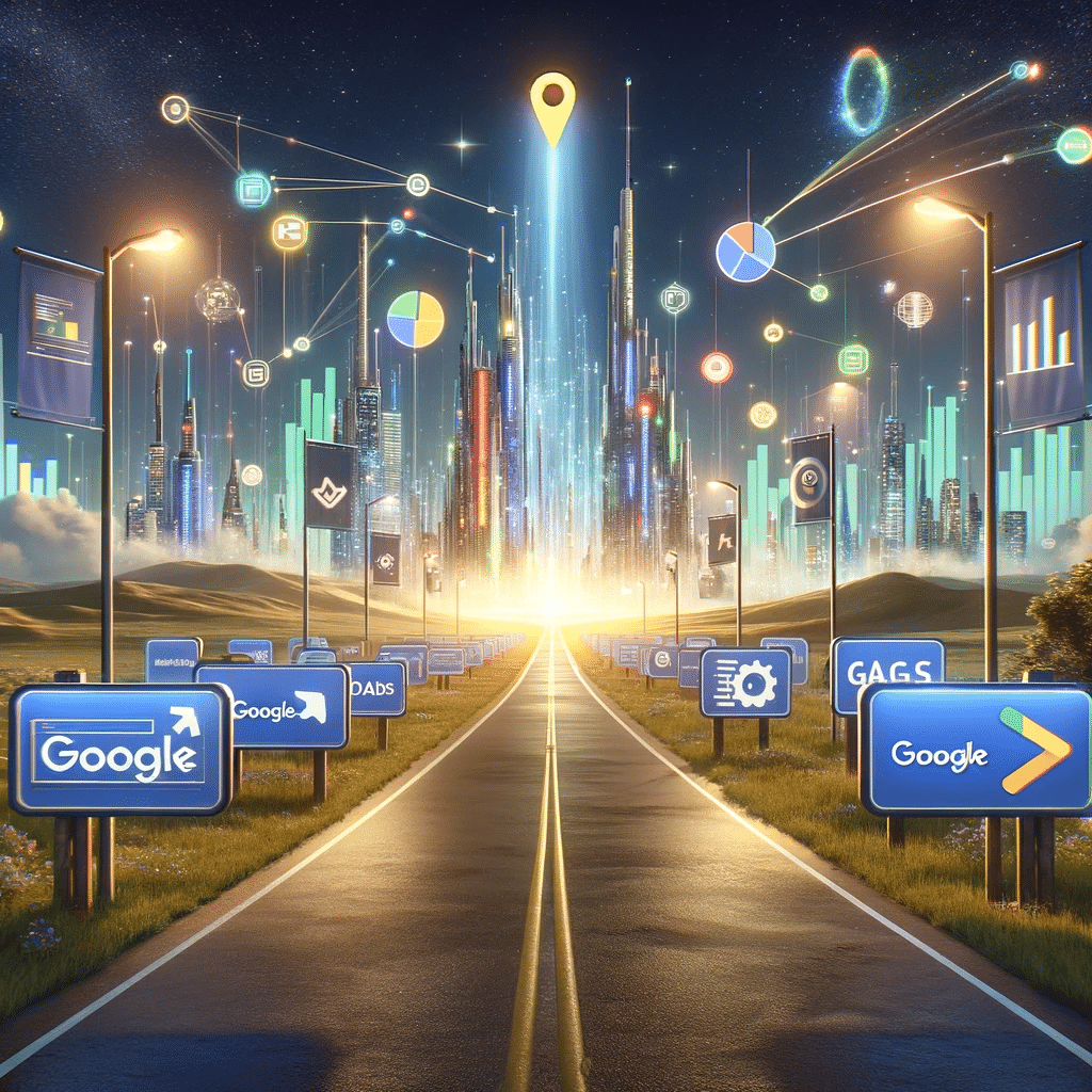 Camino hacia ciudad futurista simbolizando marketing digital basado en datos. Google Analytics 4 | Posiciona.Digital
