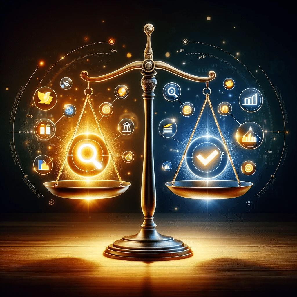 Balanza equilibrada con anuncio de alta calidad y métricas clave en entorno digital. El diagnóstico que arroja Google Ads ayuda a elevar los niveles de tus anuncios. | Posiciona.Digital