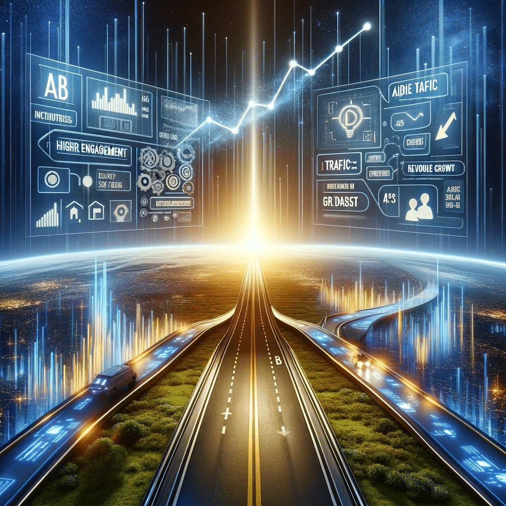 Paisaje digital con caminos que simbolizan decisiones de pruebas A/B hacia el éxito ppc | Posiciona.Digital