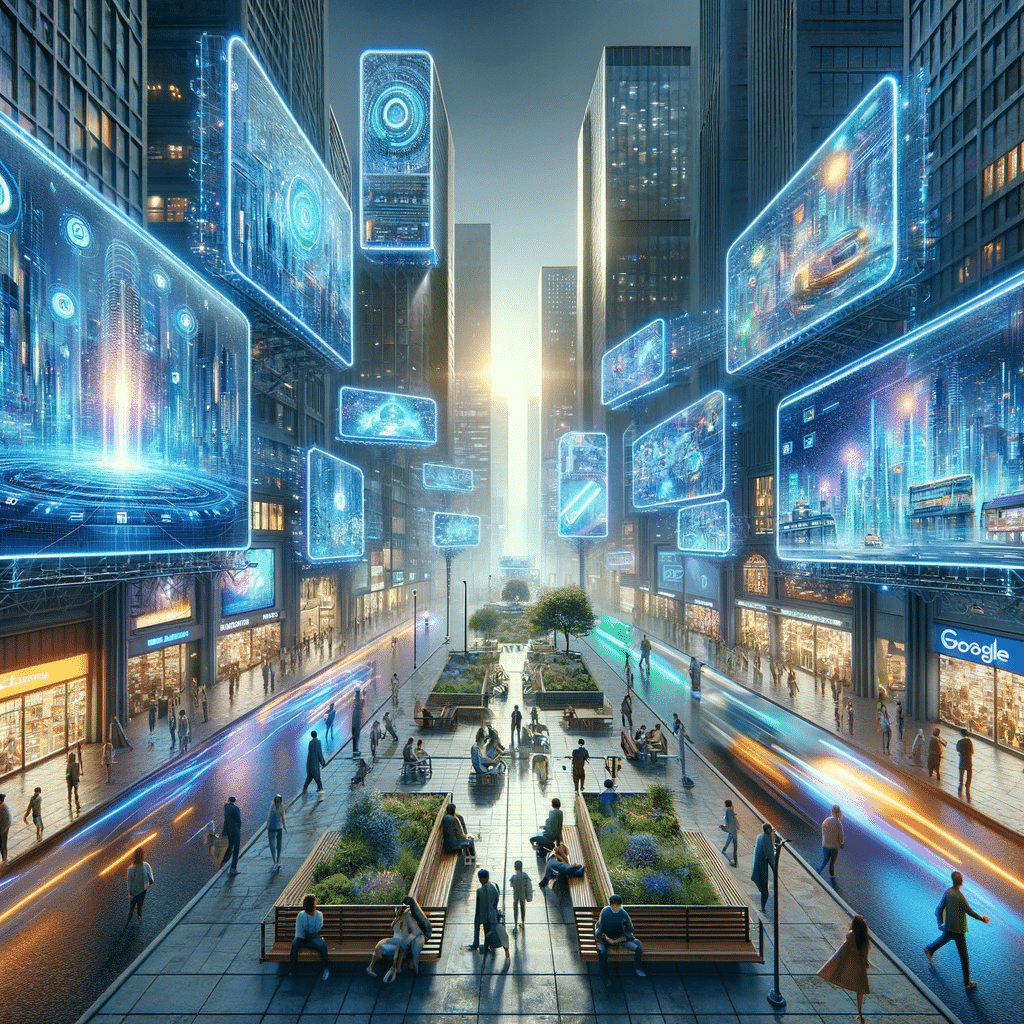 Ciudad futurista con anuncios digitales dinámicos integrados en la arquitectura. | Posiciona.Digital
