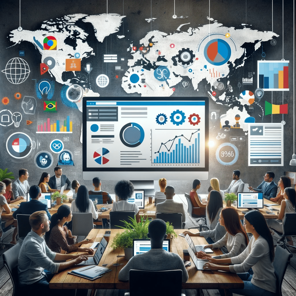 Grupo diverso analizando optimización de página web para mercados internacionales en oficina moderna. | Posiciona.Digital