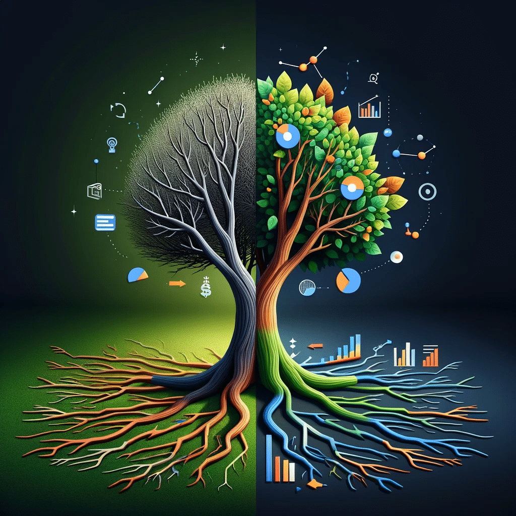 Árbol medio estéril y medio frondoso, simbolizando impacto de pruebas A/B en campañas | Posiciona.Digital
