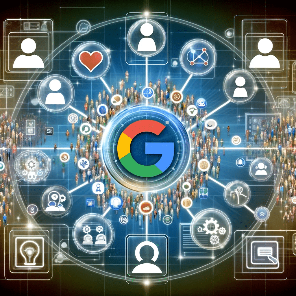 Personas rodeadas de burbujas digitales conectadas a logo de Google Ads. | Posiciona.Digital