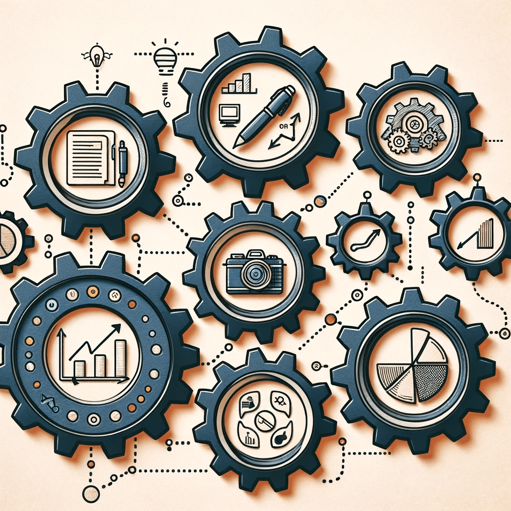 Engranajes con elementos de plan de contenidos blog y redes sociales | Posiciona.Digital