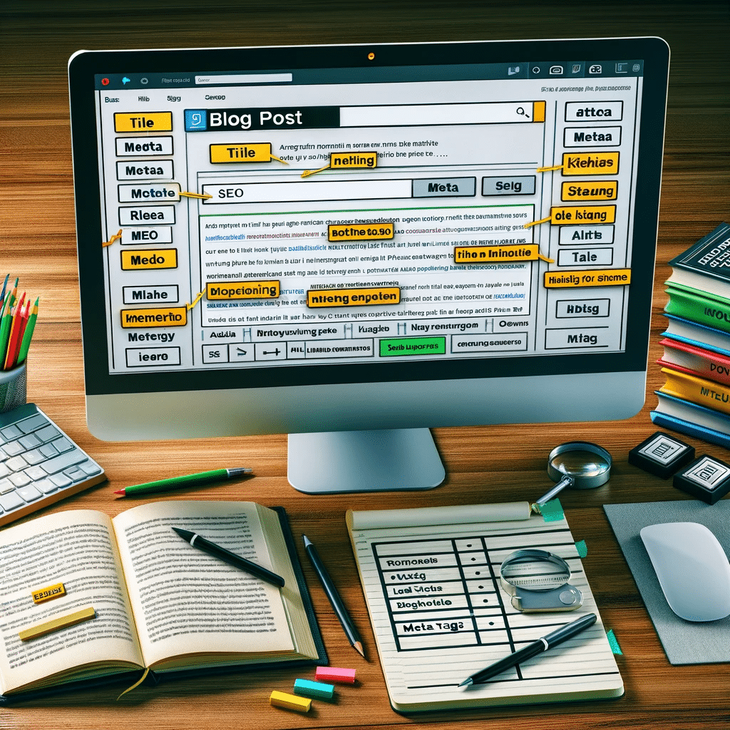 Optimización SEO para blogs página web con etiquetas meta en pantalla | Posiciona.Digital
