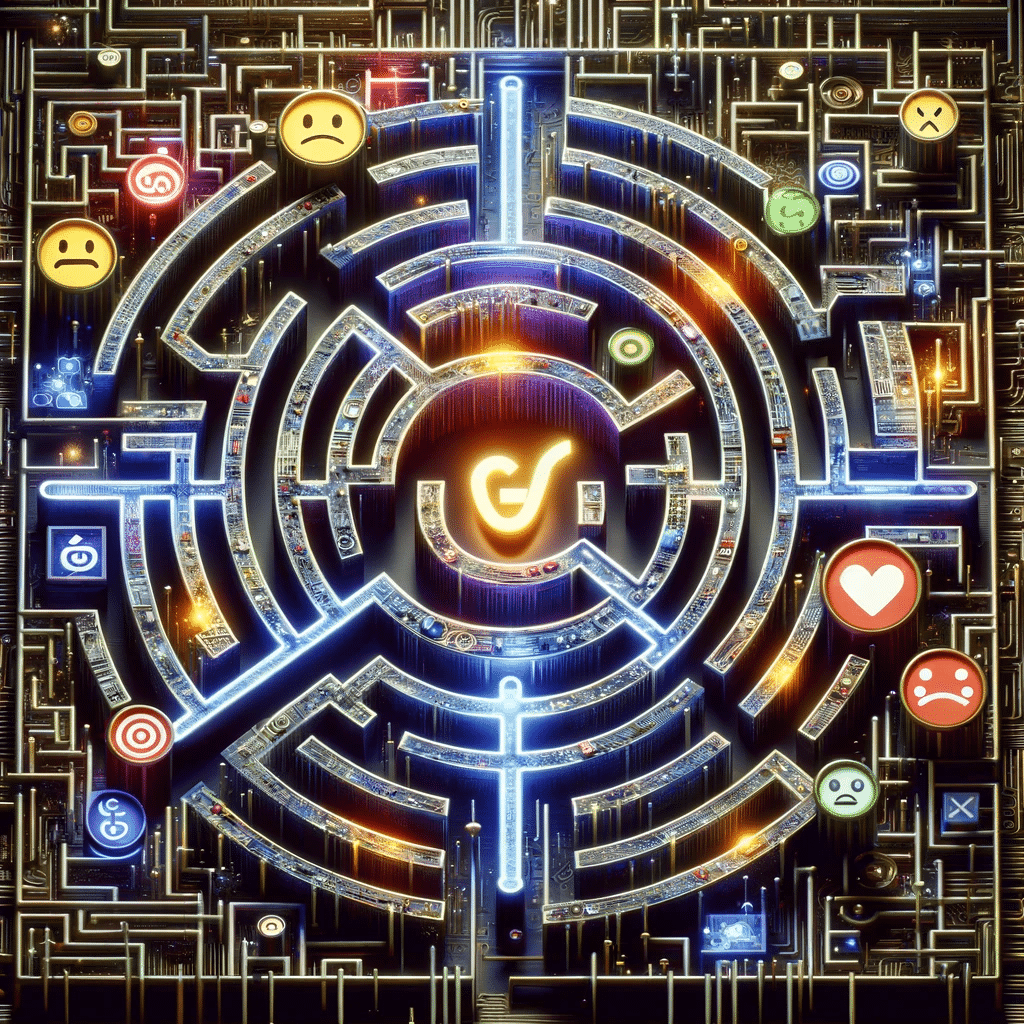 Laberinto digital con emociones y logo de Google Ads, desafíos del análisis. | Posiciona.Digital