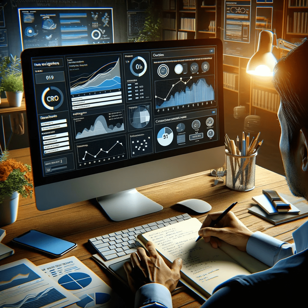 Diseñador analizando datos para optimización CRO | Posiciona.Digital