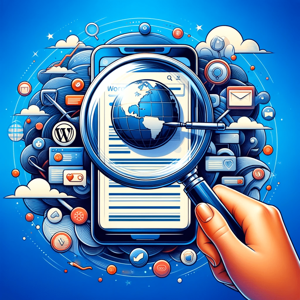 Lupa enfocando móvil con web WordPress y redes sociales | Posiciona.Digital