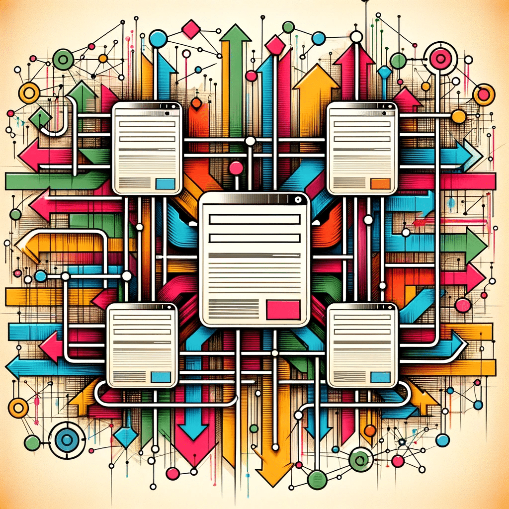 Ilustración abstracta de páginas web interconectadas para SEO. Buenas prácticas información   | Posiciona.Digital