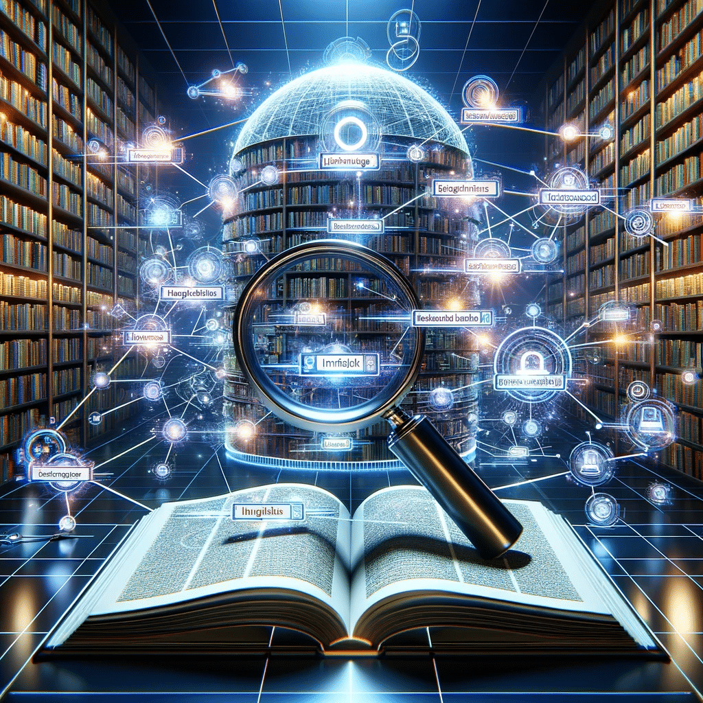Biblioteca digital destacando la semántica en SEO. Texto en internet, artículo algoritmo. | Posiciona.Digital