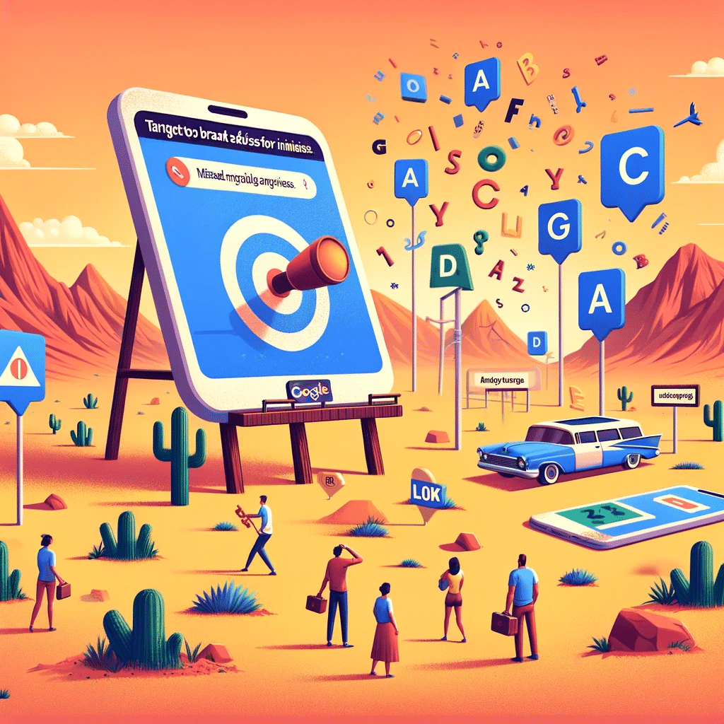 Errores en Ads simbolizados con anuncio en desierto y móvil gigante. | Posiciona.Digital