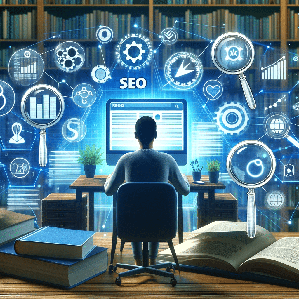 Persona estudiando fundamentos de SEO con recursos digitales de empresa. Palabras clave relevantes. Visibilidad en los motores de búsqueda. Search engine optimization | Posiciona.Digital