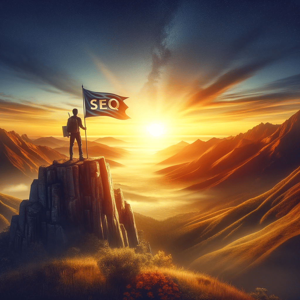 Éxito en SEO simbolizado con bandera en montaña | Posiciona.Digital