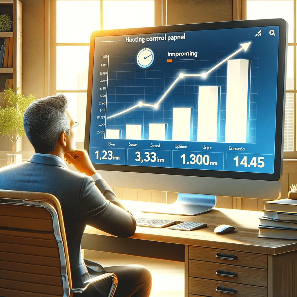 Empresario ve mejoras en rendimiento web. Cpanel con marketing para clientes del mundo | Posiciona.Digital