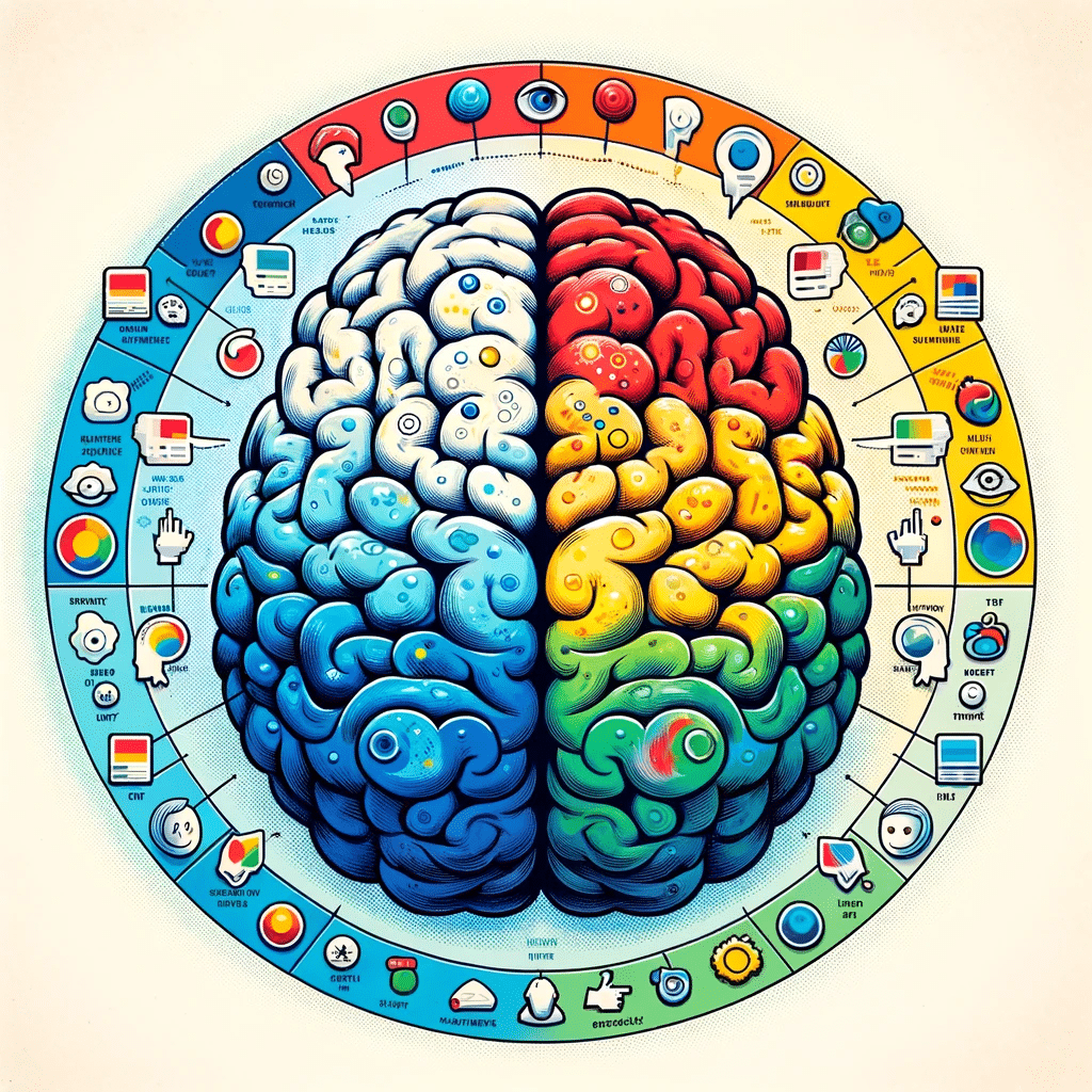 Cerebro humano con colores que representan una influencia en las emociones y percepción en diseño web. Marketing en la naturaleza de seres humanos. Conversiones de producto y factores de color para tu negocio | Posiciona.Digital