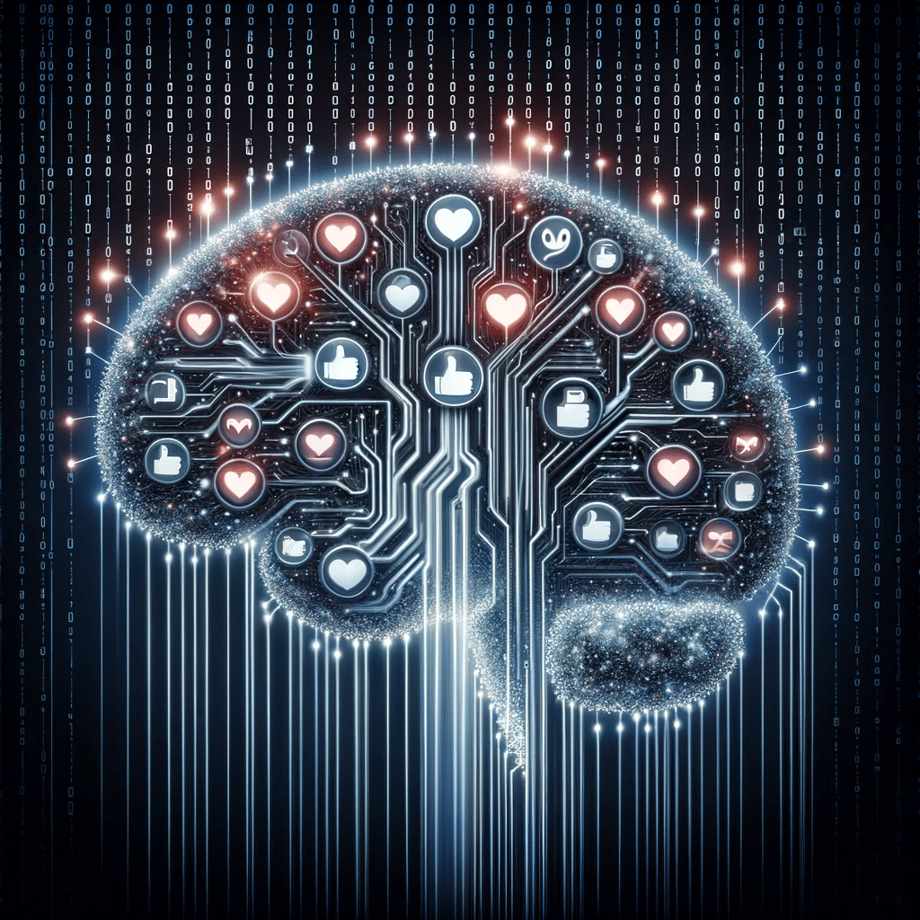 Cerebro digital procesando análisis de sentimientos con símbolos positivos y negativos. | Posiciona.Digital