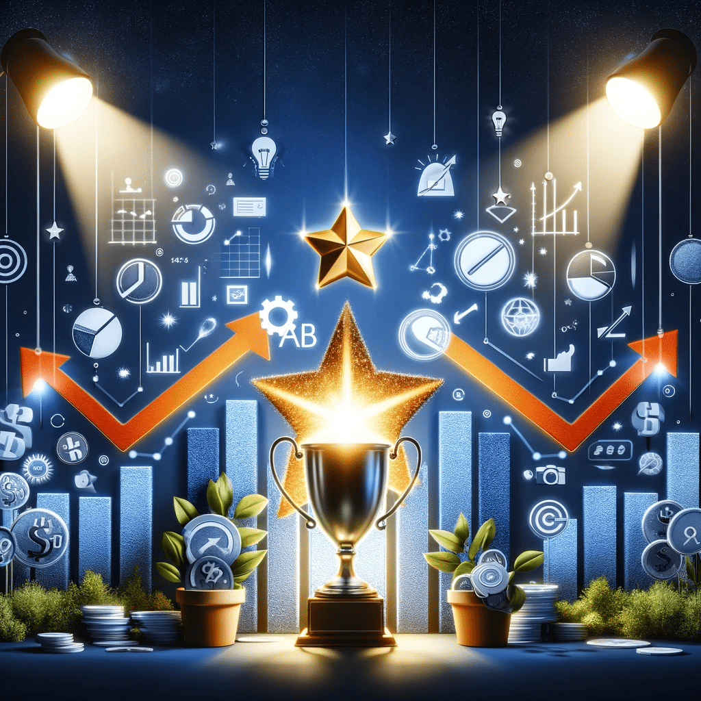 Collage de éxito en Google Ads: gráfico ascendente, estrella brillante y trofeo | Posiciona.Digital