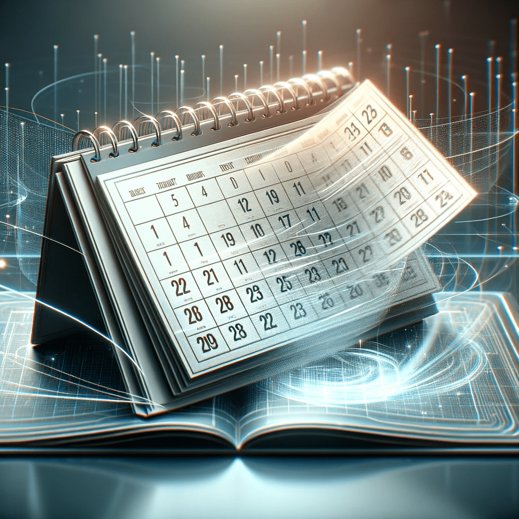 Calendario con páginas pasando rápido en un fondo digital | Posiciona.Digital