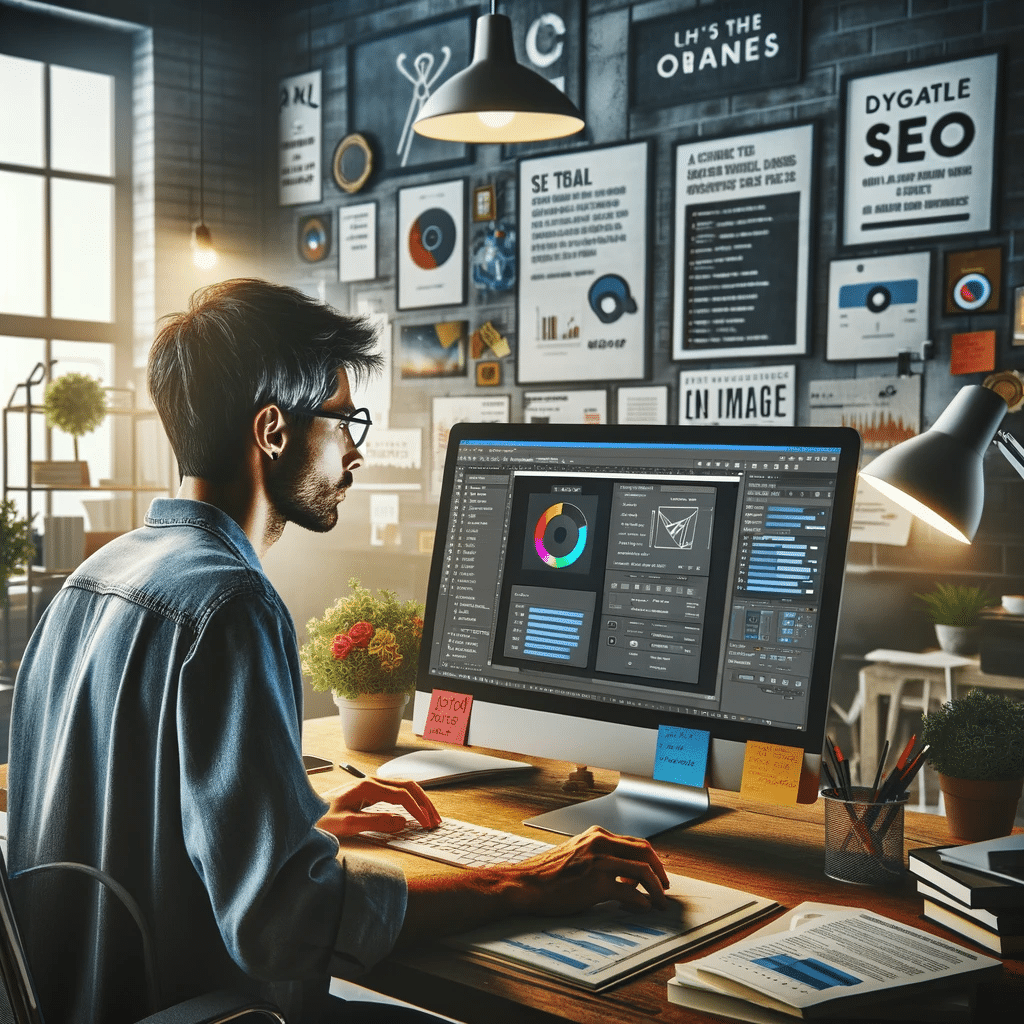 Artista digital optimizando imágenes para SEO. Marketing de búsqueda de imágenes por motor de búsqueda | Posiciona.Digital