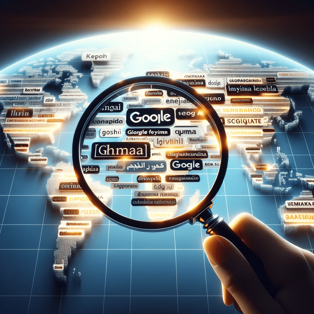 Lupa sobre mapa mundial destacando palabras clave en varios idiomas | Posiciona.Digital