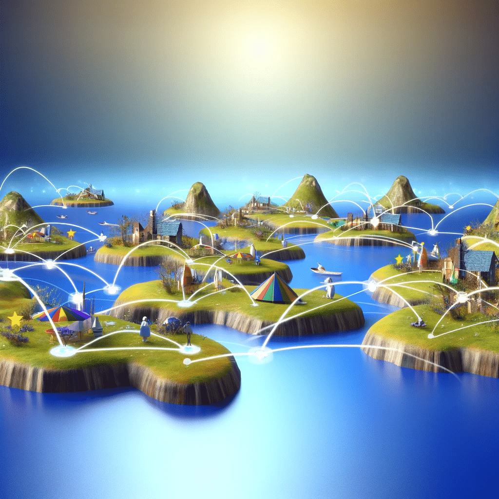 Islas representando industrias de nicho conectadas por puentes digitales. B2B Leads | Posiciona.Digital
