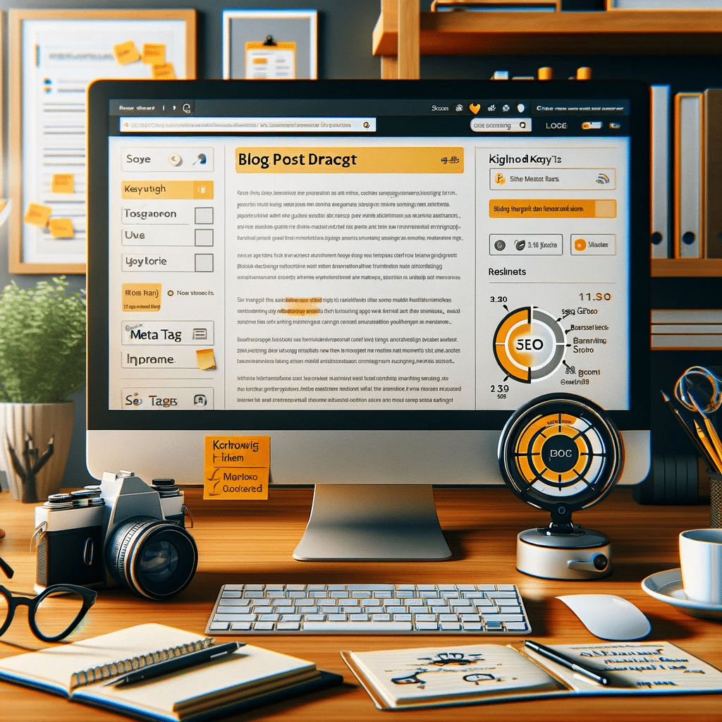 Espacio de trabajo SEO para blog en computadora. SEO on page. Búsqueda de google, meta descripciones | Posiciona.Digital