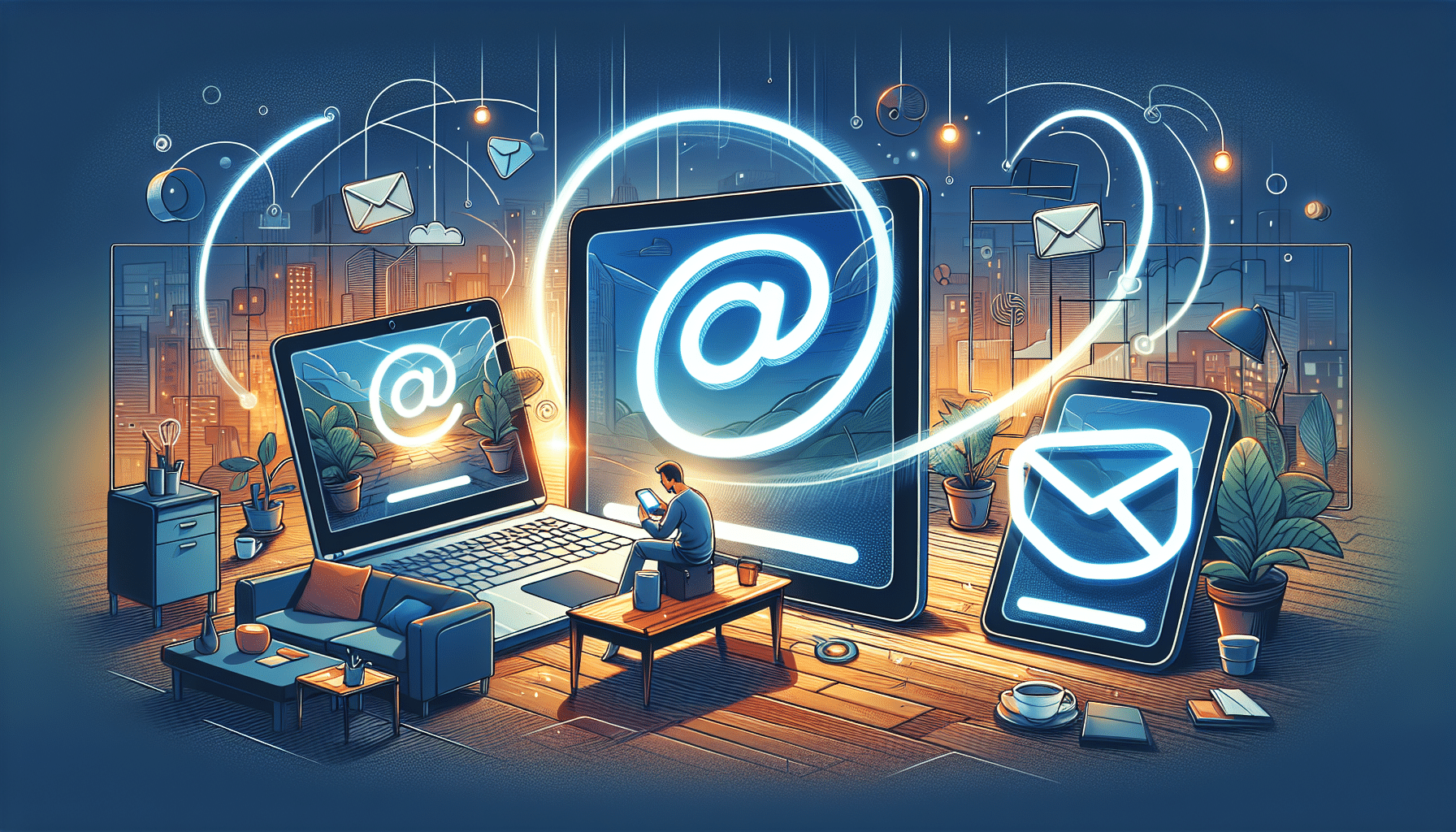 Ventajas de Usar Gmail: Ilustración de un usuario utilizando Gmail en varios dispositivos | Posiciona.Digital