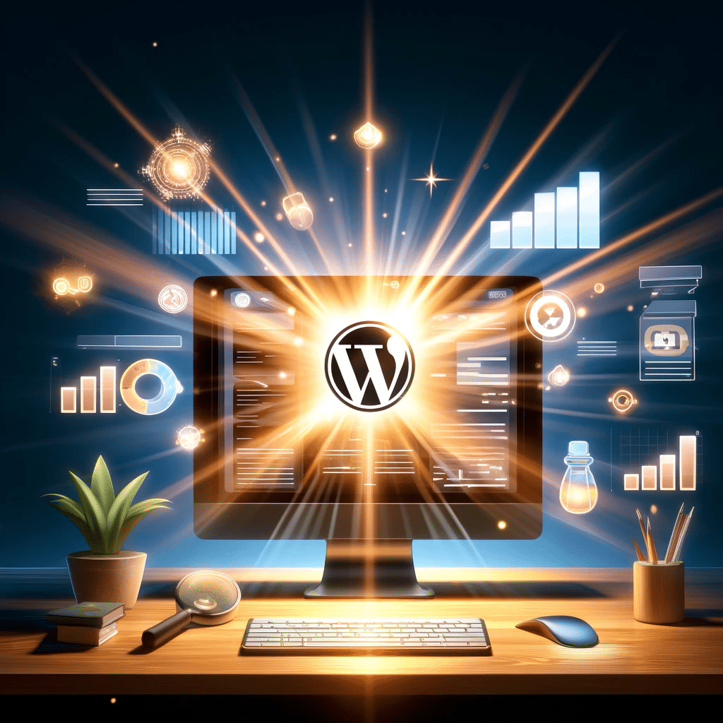 Página WP optimizado brillando en la pantalla. Sección de asistente de configuración en un clic | Posiciona.Digital